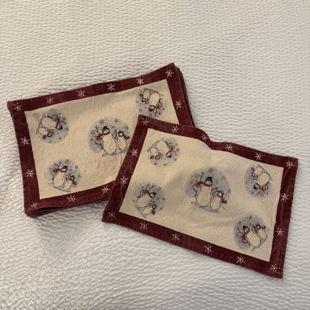 Set of‎ 8 Rustic Snowman Placemats Burgundy Snowflake Border Christmas Holiday